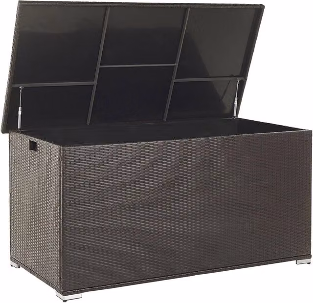 Cesta baule portaoggetti da esterno Beliani in finto rattan marrone con cuscino da giardino L: 155 cm x P: 75 cm