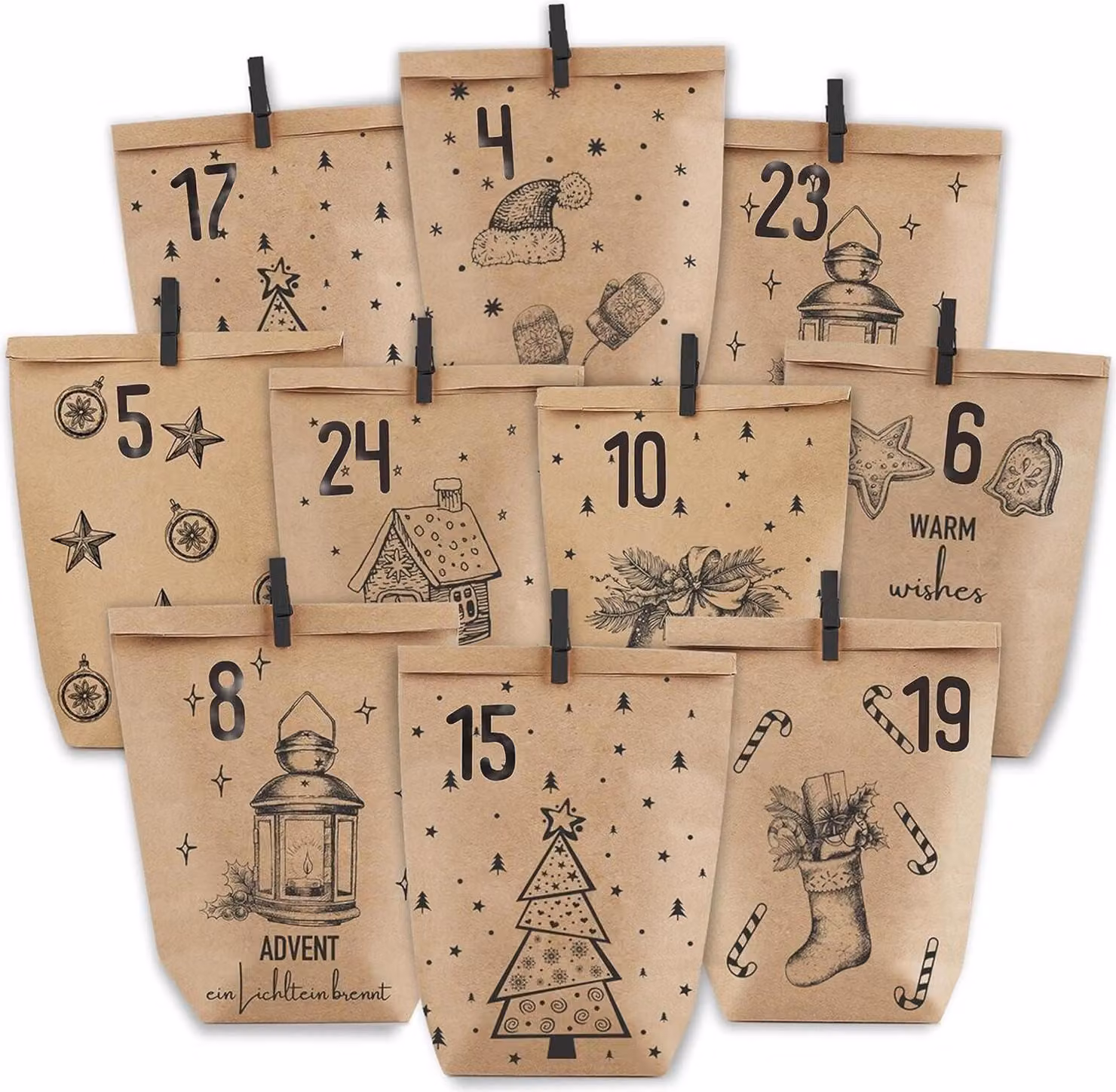 Calendario dell'Avvento da riempire 24 sacchetti di carta kraft Calendario di Natale nero-marrone