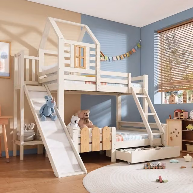 Letto a castello MIVRAY per bambini con scivolo, scala e cassetto in legno e MDF, colore bianco e beige, H 246 x L 230 x P 150 cm