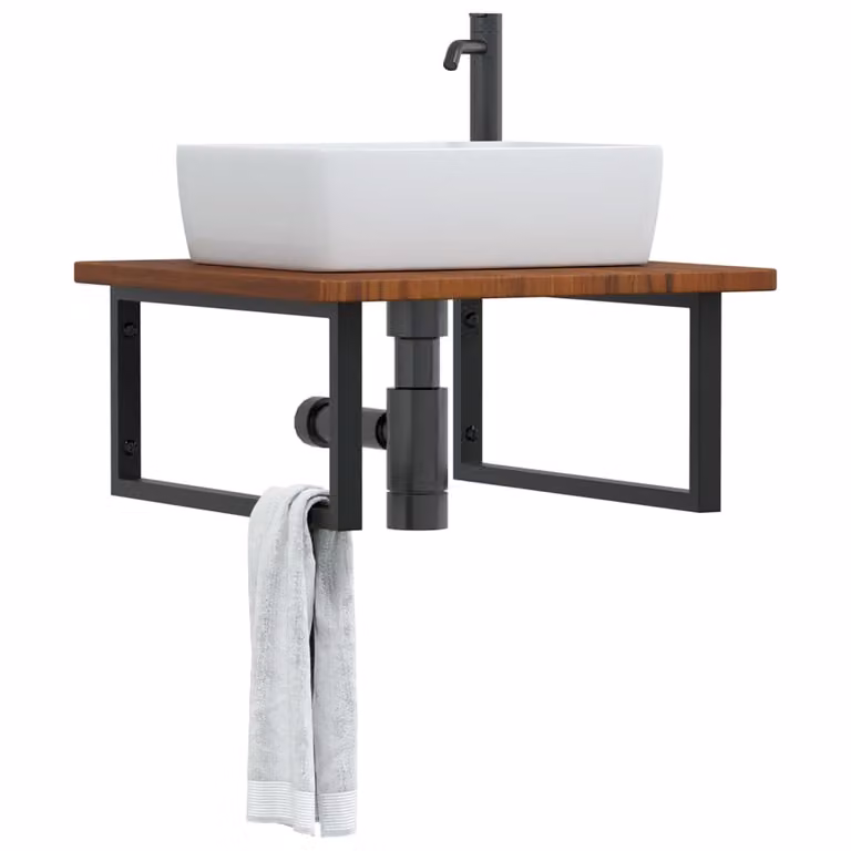 vidaXL Ripiano da parete per lavabo moderno in legno di rovere e metallo nero, L: 60 cm, P: 25 cm, H: 3 cm