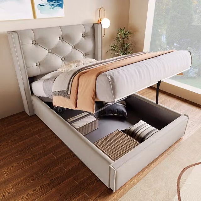 Letto singolo imbottito 90x200 cm con contenitore; rete sollevabile; testiera trapuntata; cotone; grigio chiaro