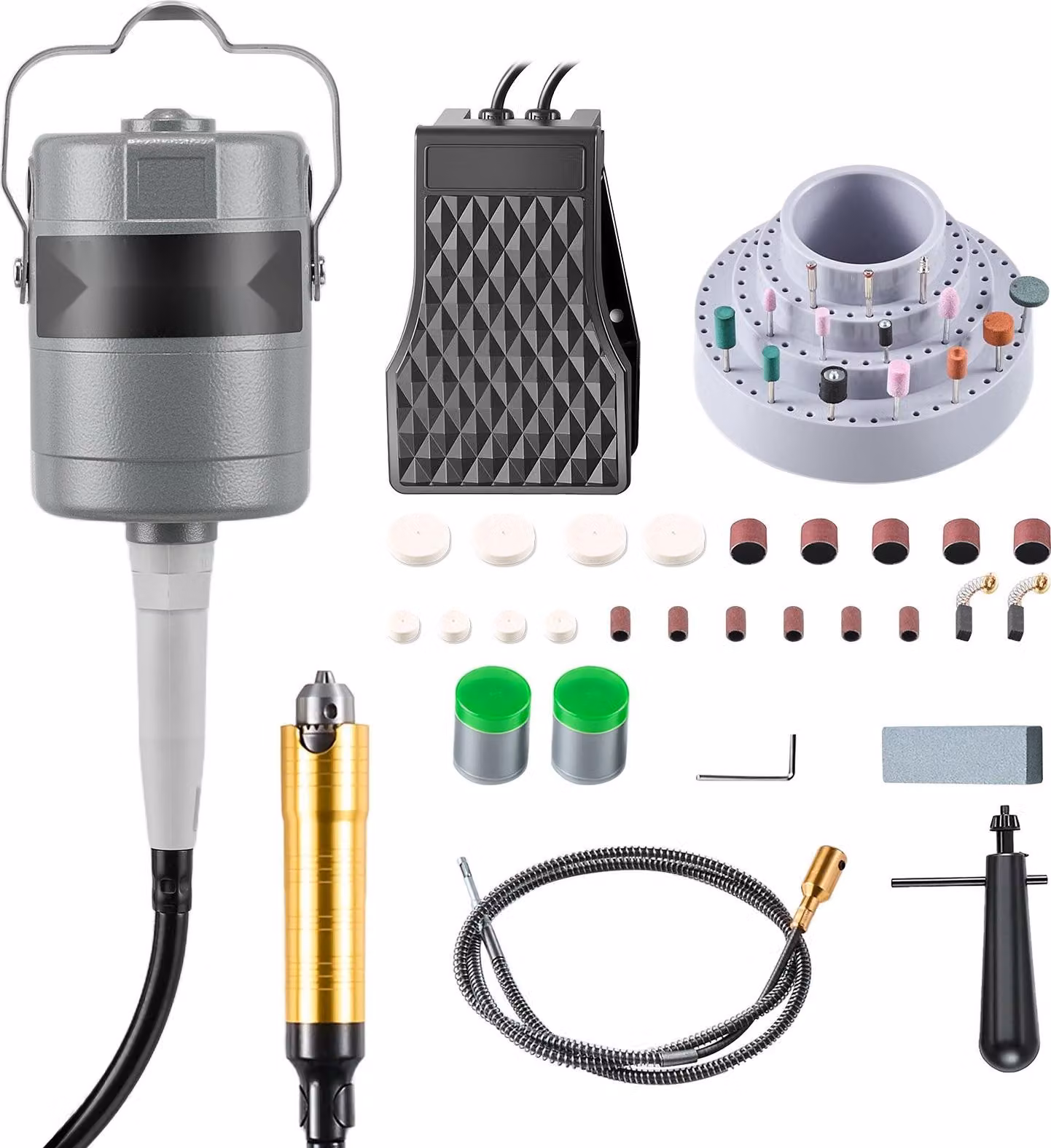 Utensile elettrico rotante e girevole - Levigatrice sospesa con albero flessibile - Potenza 780 W - Fino a 25.000 giri/min - Comando a pedale - Accessori 112 pezzi - Levigatura, lucidatura, incisione