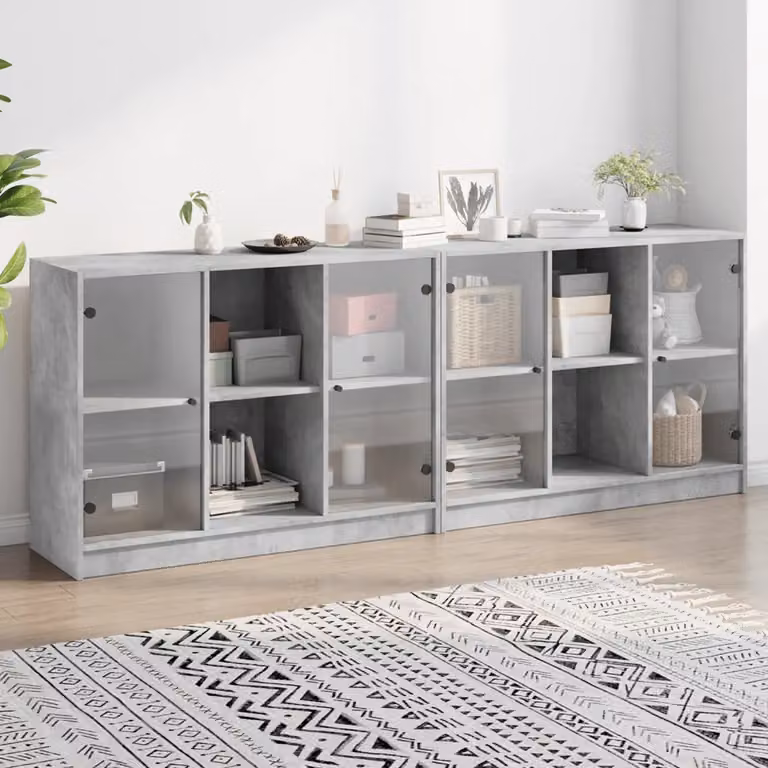 vidaXL Libreria Moderna con Ante in Vetro Grigia L: 204 cm, P: 37 cm, H: 75 cm