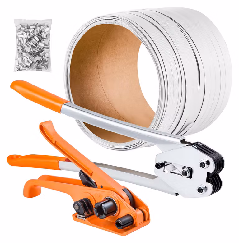 Set di reggiatura SucceBuy da 4 pezzi con nastro in PET, strumenti di reggiatura manuali con 100 m di nastro, 100 graffette metalliche e taglierina, perfetto per l'imballaggio, il trasporto e lo stoccaggio in officina