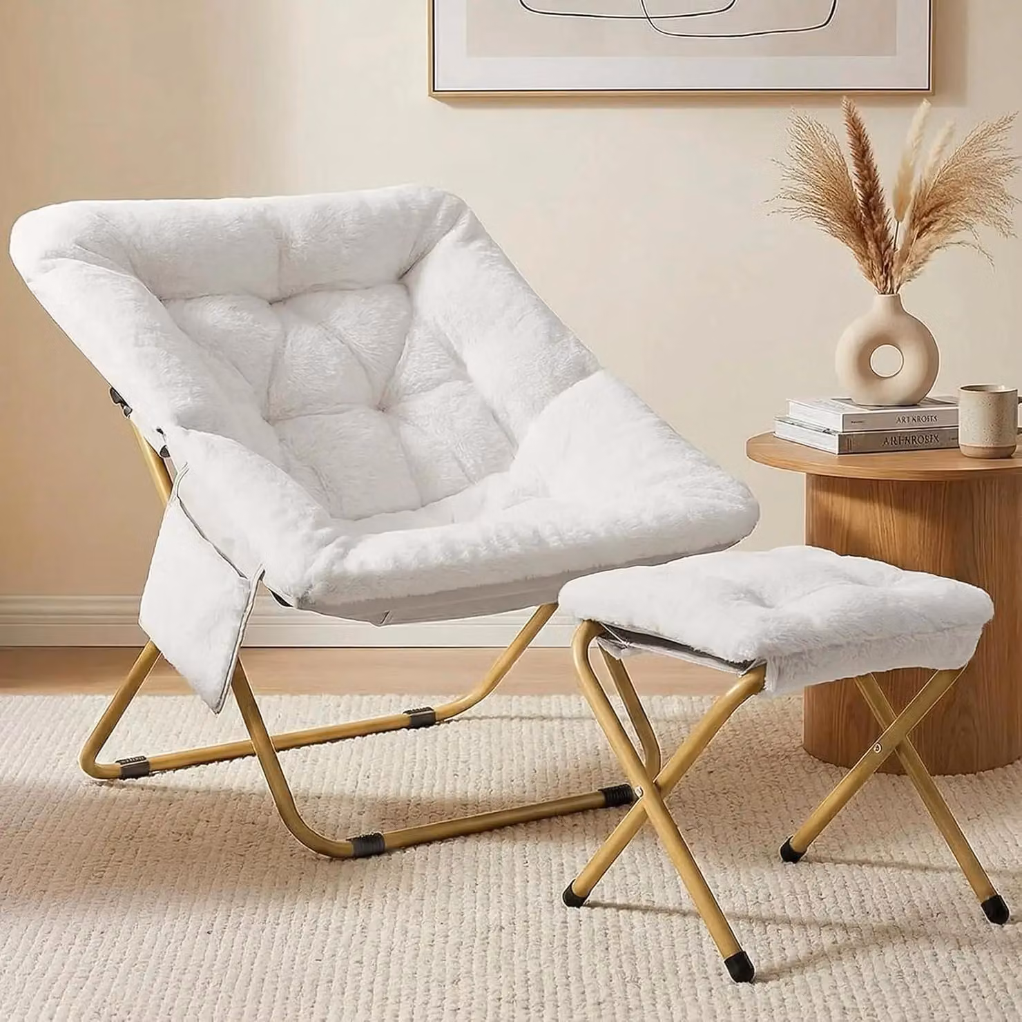 Poltrona reclinabile con poggiapiedi - Poltrona relax - Imbottita - Rivestita in tessuto - Pieghevole - Struttura in metallo - 72 x 76 x 78 cm - Bianco