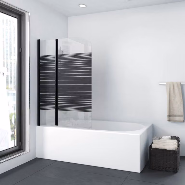Pannello divisorio per vasca da bagno, dimensioni 100x140 cm, composto da 2 elementi, colore nero, materiale: alluminio, vetro temperato