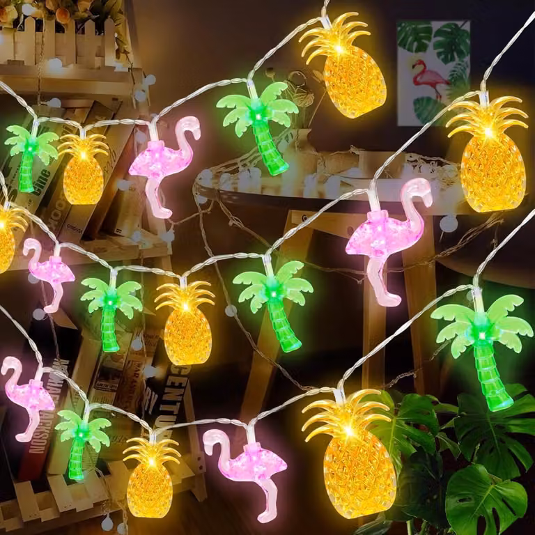 Catena luminosa tropicale, 20 LED, 3 metri, con motivi di ananas, fenicotteri e palme, alimentata a batteria
