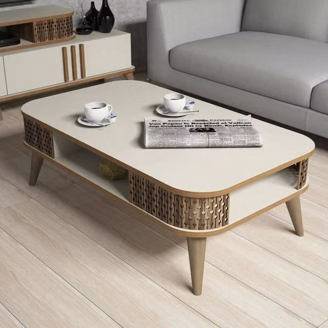 Tavolino da salotto moderno DMORA con un vano, Bianco Crema, L: 105 cm, P: 60 cm, H: 34.6 cm – 1