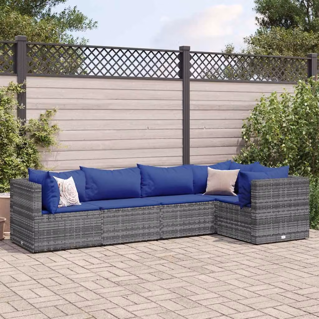 vidaXL Set Divano da Giardino a L con Cuscini Blu e Grigio in Polyrattan e Metallo – 1