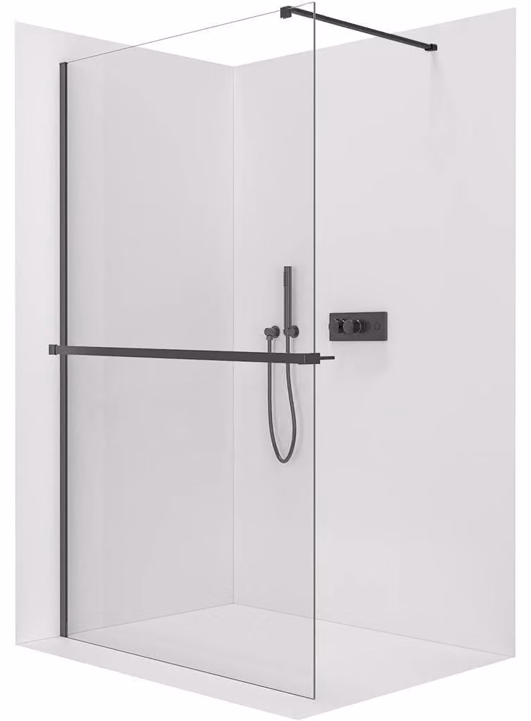 Pannello doccia angolare Walk-in Onyx Cube, versione sinistra/destra - vetro trasparente da 8 mm - struttura quadrata nera opaca - con ripiano/portasciugamani - dimensioni 160x200 cm