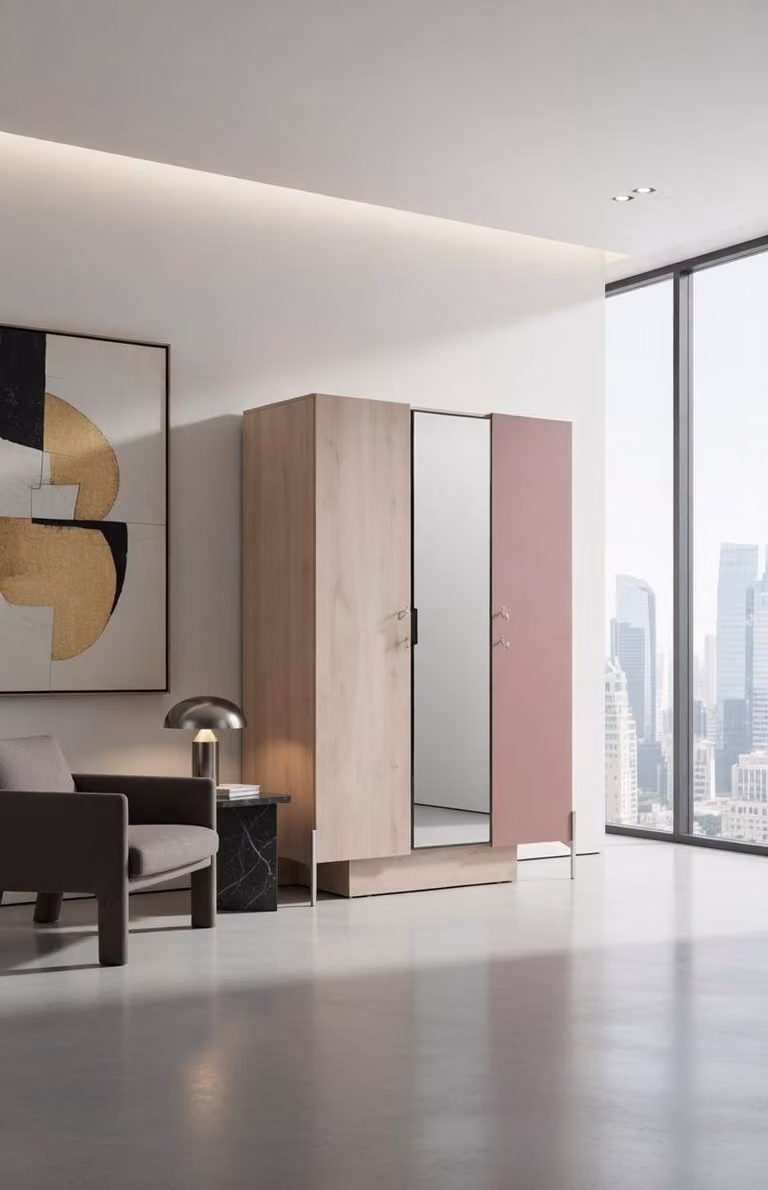 Armadio rosa e bianco con specchio per camera da letto e corridoio