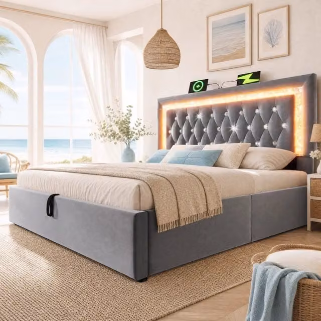 Letto con contenitore 180x200 cm in velluto grigio, LED, USB e USB-C