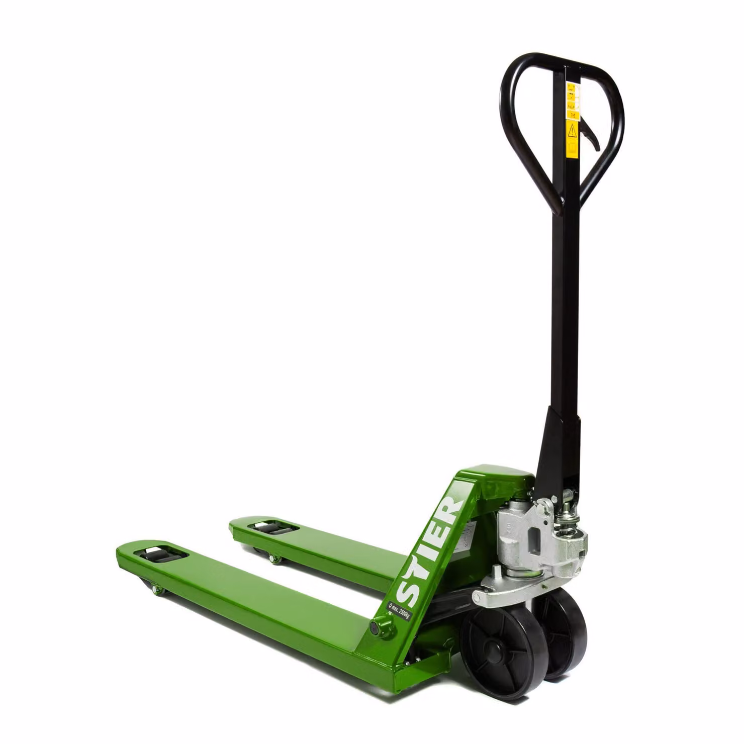 Transpallet STIER, transpallet con portata 2500 kg, premontato pronto all'uso, lunghezza forche 1150 mm, ruote in nylon, verde, transpallet, transpallet manuale, angolo di sterzata di 210°, senza manutenzione