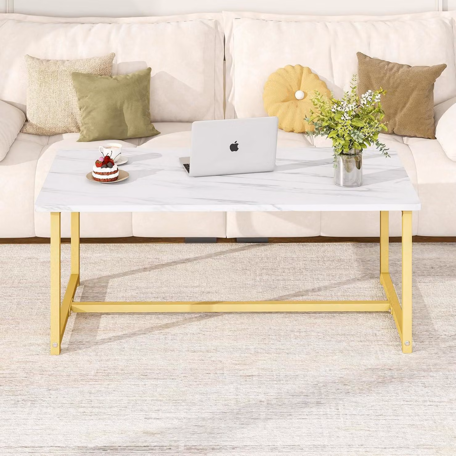 Tavolino rettangolare, struttura in metallo, piano in legno bianco, dimensioni 90x45x42 cm