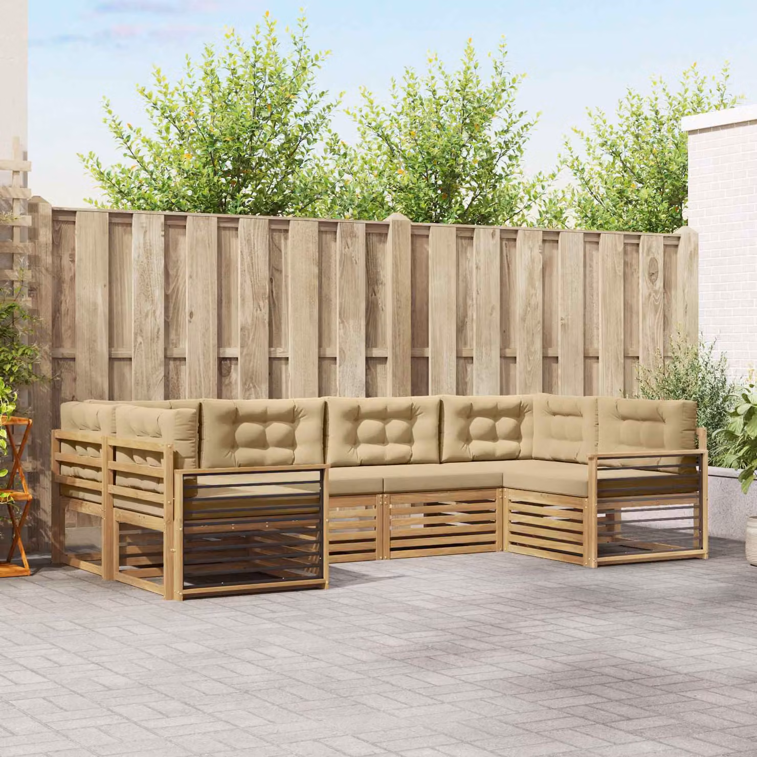 Set di divani da esterno vidaXL a forma di L in legno di acacia con cuscini, Bianco e Beige