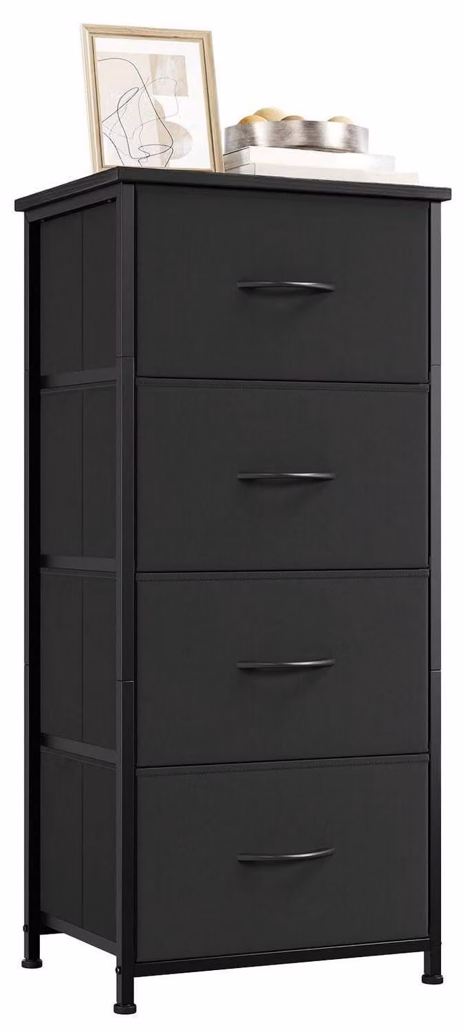 Comodino con 4 cassetti rivestiti in tessuto, colore nero, dimensioni 30T x 42B x 93H cm