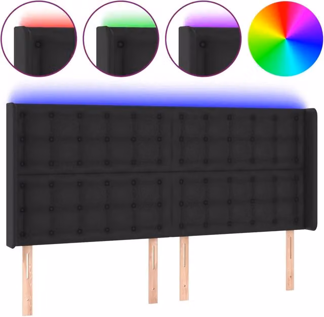 Testata del letto con illuminazione LED e porta USB in similpelle nera, L: 203 cm, P: 16 cm, H: 118/128 cm – 1