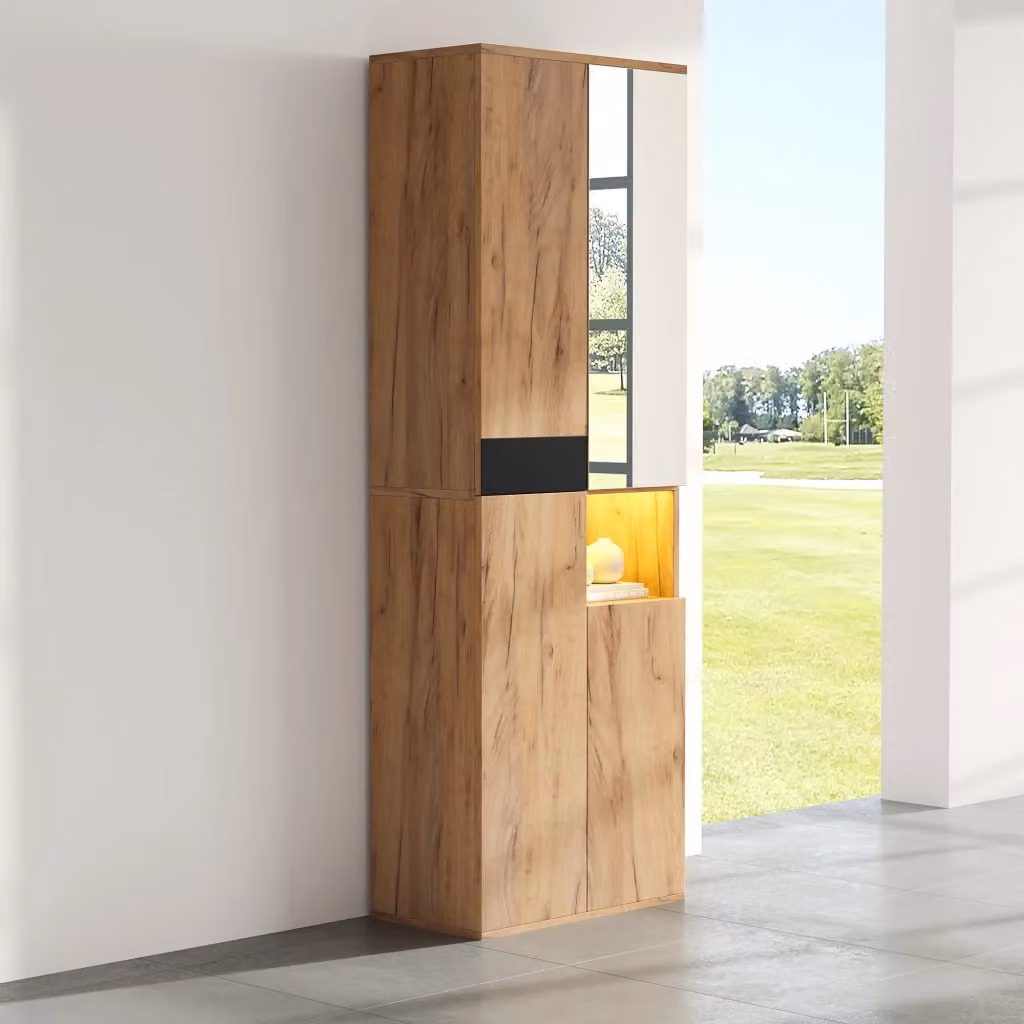 Mobile ingresso Chicfurn moderno con specchio, 4 ante e vano aperto, disponibile in nero e marrone, L: 65 cm, P: 35 cm, H: 190 cm – 2