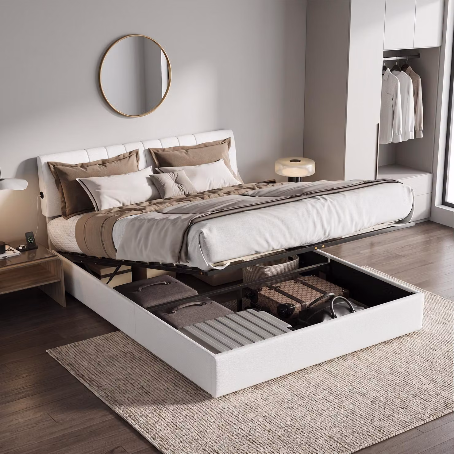 Letto imbottito INONEFT 140x190 cm con caricabatterie USB, letto a molle con contenitore, letto matrimoniale con spazio contenitore, struttura del letto con rete a doghe, color beige, rivestito in pile effetto teddy