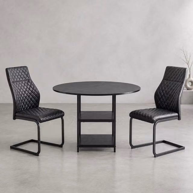 Set tavolo da pranzo rotondo Mivray con 2 sedie nero opaco in MDF e metallo con doppio ripiano portaoggetti L: 120 cm, P: 120 cm, H: 75 cm
