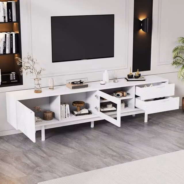Mobile porta TV moderno OKWISH bianco con 2 ante, 2 cassetti e ripiani per il tuo soggiorno L 200 x P 40 x H 50,5 cm