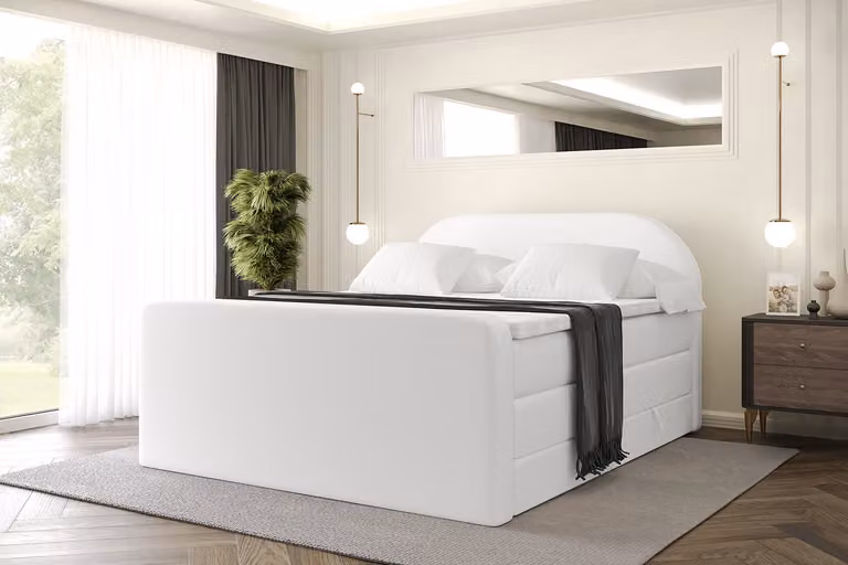 Letto boxspring ALTDECOR con materasso e rete a doghe, topper, letto imbottito con contenitore, letto con vano portaoggetti, materassi H3 e H4, letto matrimoniale, letto boxspring -NOX-Z KING-160x200 - Ecopelle bianca