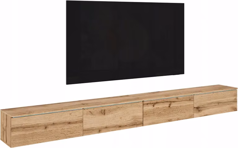 Mobile TV moderno da 300 cm per il soggiorno, con illuminazione LED, in legno effetto rovere Wotan