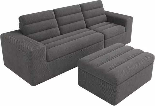 Divano angolare modulare a forma di L in tessuto di velluto a coste grigio scuro, senza struttura, con pouf 253x161x89 cm