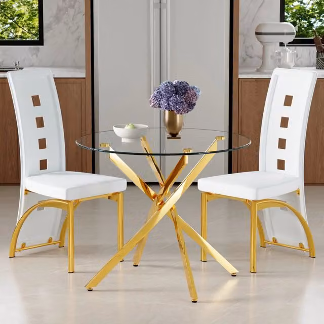 Set tavolo da pranzo rotondo in vetro temperato Ø 88 cm con 2 sedie bianche in PU