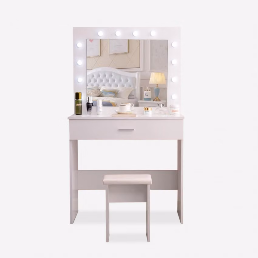 Tavolino da toilette mobile con specchio e lampade LED e sgabello Gaia