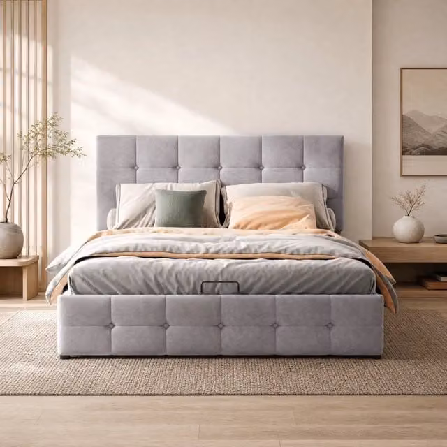 Letto imbottito 140x200 cm con contenitore idraulico, testiera regolabile in velluto e rete a doghe in metallo grigio