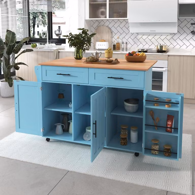 Isola da cucina autoportante con piano di lavoro pieghevole, 5 ruote, 3 ante, 2 cassetti, colore blu