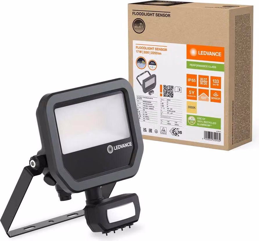 Ledvance Proiettore LED Proiettore nero IP65 17W 2200lm bianco caldo 3000K Rilevatore di movimento