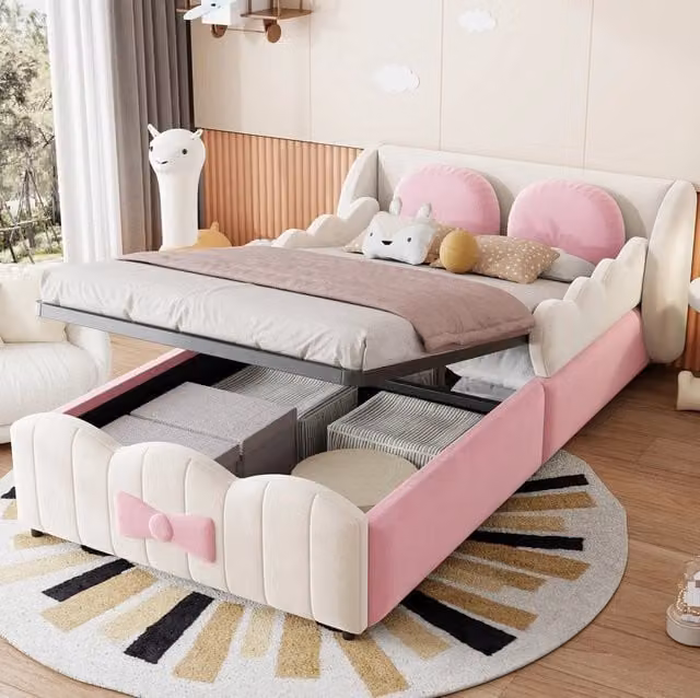 Letto per bambini imbottito 90x200 cm con rivestimento in velluto e contenitore idraulico, colore beige o rosa
