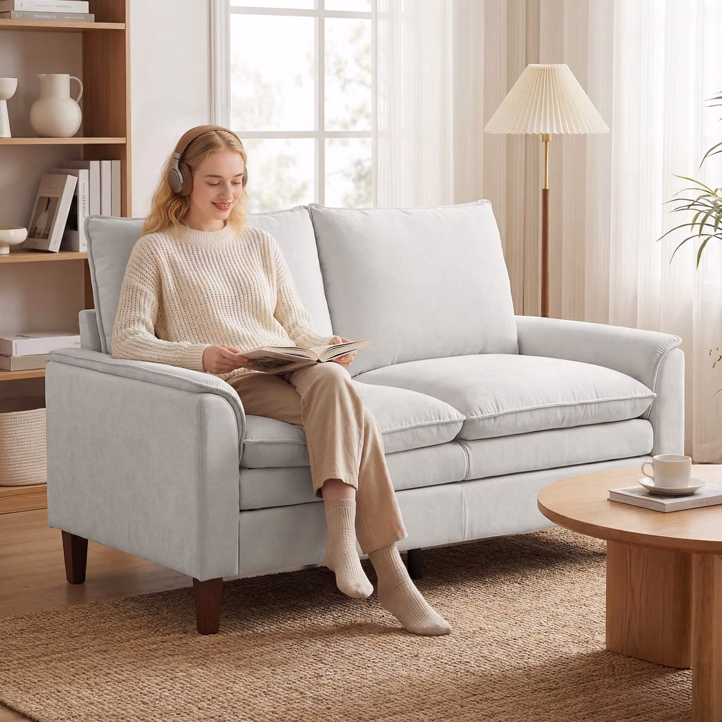 Divano a 2 posti HOMCOM in chenille bianco crema con seduta profonda e schienale alto, Larghezza: 146 cm – 2