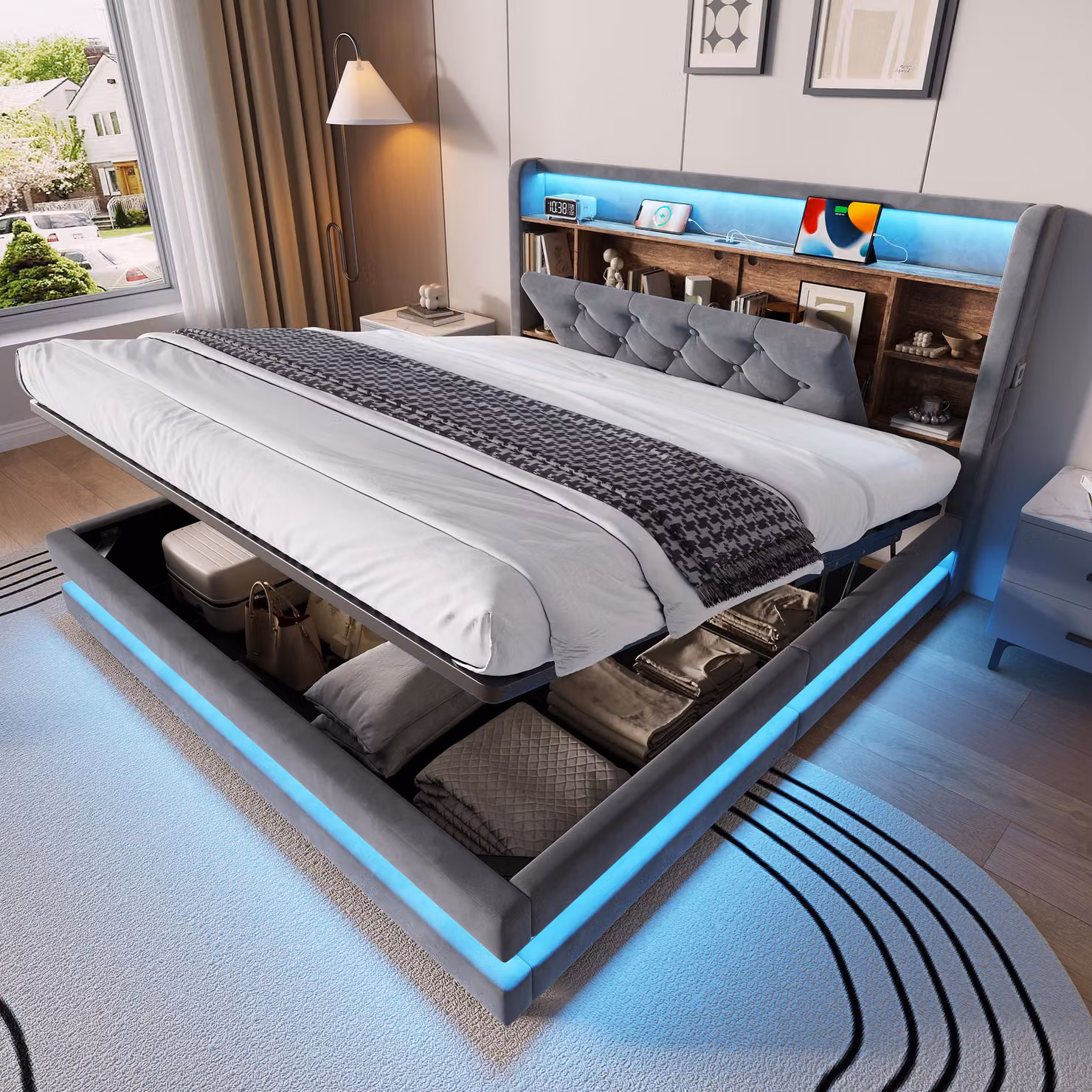 Letto matrimoniale MODFU 140 x 200 con contenitore, letto per ragazzi con LED e testiera imbottita, letto imbottito idraulico con rivestimento in velluto, struttura letto con materasso, colore grigio scuro