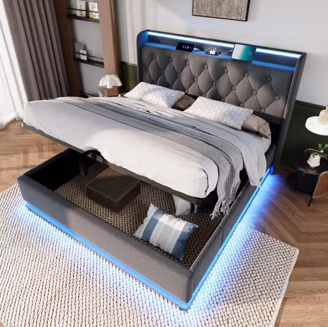 Letto matrimoniale ULEVR 160x200 cm con contenitore idraulico, LED 360¡ã, USB e Type-C, lino grigio