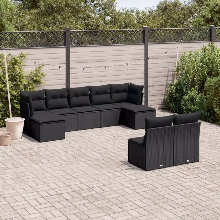 vidaXL Set Divani da Giardino 9 pz a Forma a L in Polyrattan Nero con Cuscini e Ottoman
