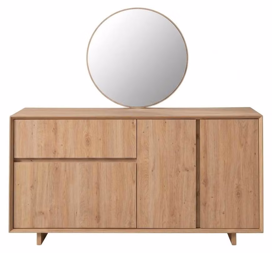 Console marrone con specchio, mobile contenitore a 3 ante, consolle in legno, mobili per il soggiorno