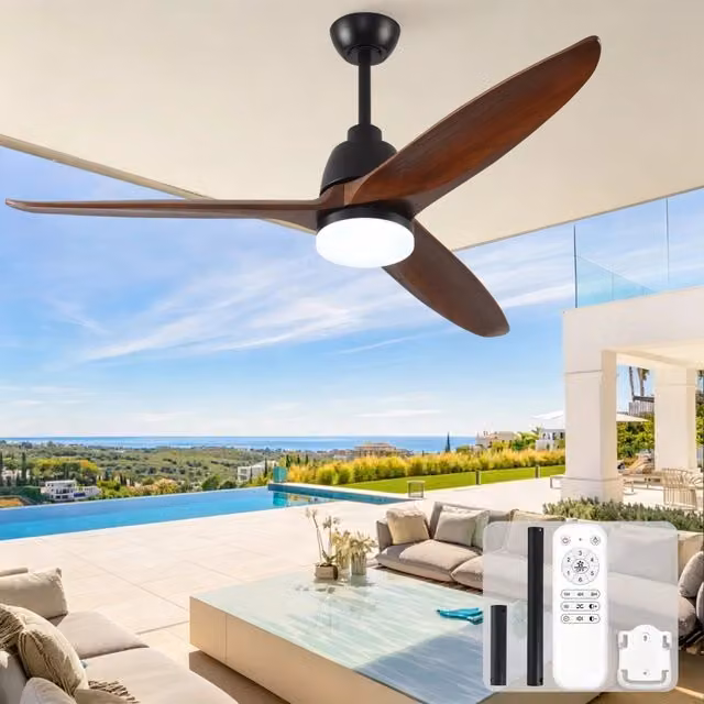 Ventilatore da soffitto Minimal con luce e telecomando, 56 pollici, tre pale in legno massello, reversibile, 6 velocità e funzione memoria, disponibile in marrone o nero