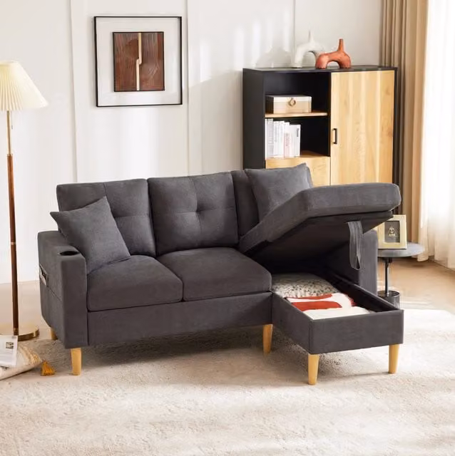 Divano angolare 3 posti 175x129x90 cm con chaise longue reversibile e contenitore grigio scuro HOMVRA