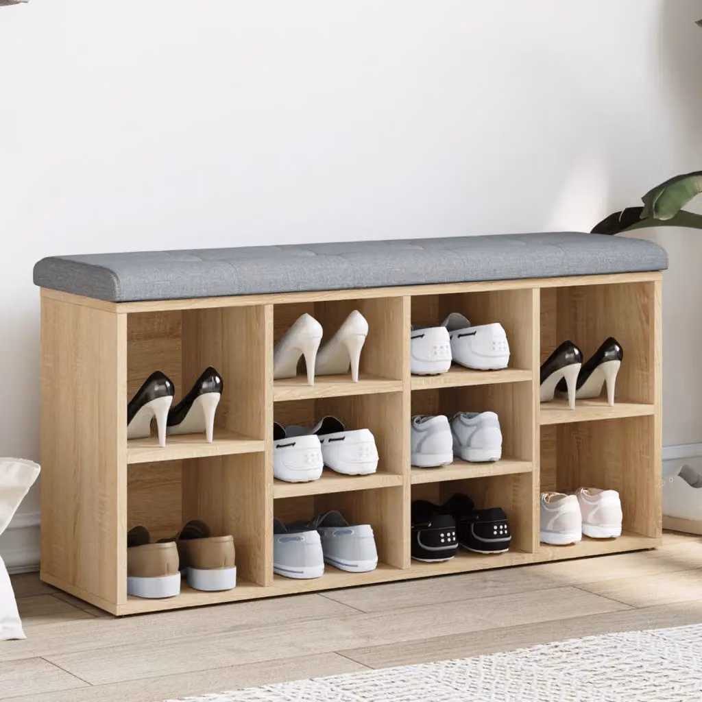 Panca porta scarpe vidaXL in legno Rovere Sonoma con seduta in tessuto, L 102 x P 32 x H 50 cm