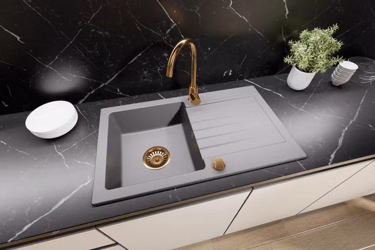 Lavello da cucina in granito con sifone e rubinetteria dorata, lavello da incasso 76x44, grigio
