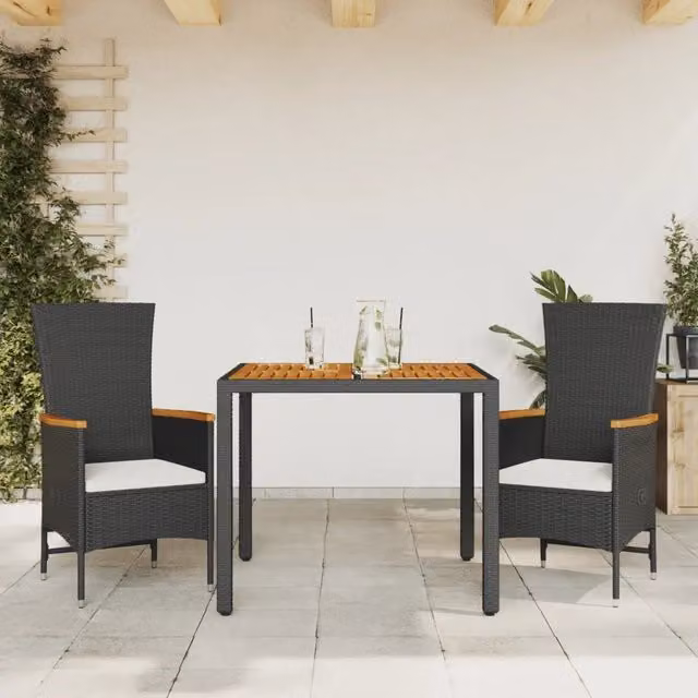 Set da Pranzo da Giardino 3 pz vidaXL in Legno di Acacia e Polyrattan Nero con Cuscini