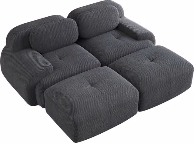 Divano 2 posti in tessuto a coste grigio, modulare e senza telaio con braccioli ergonomici e imbottitura ad alta elasticità