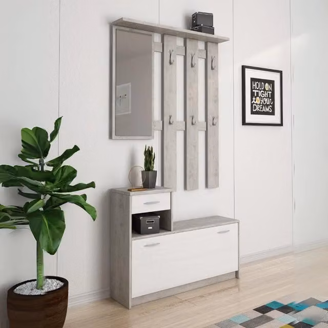 Mobile ingresso Rudolf con scarpiera colore beton e bianco 100x25,5x190