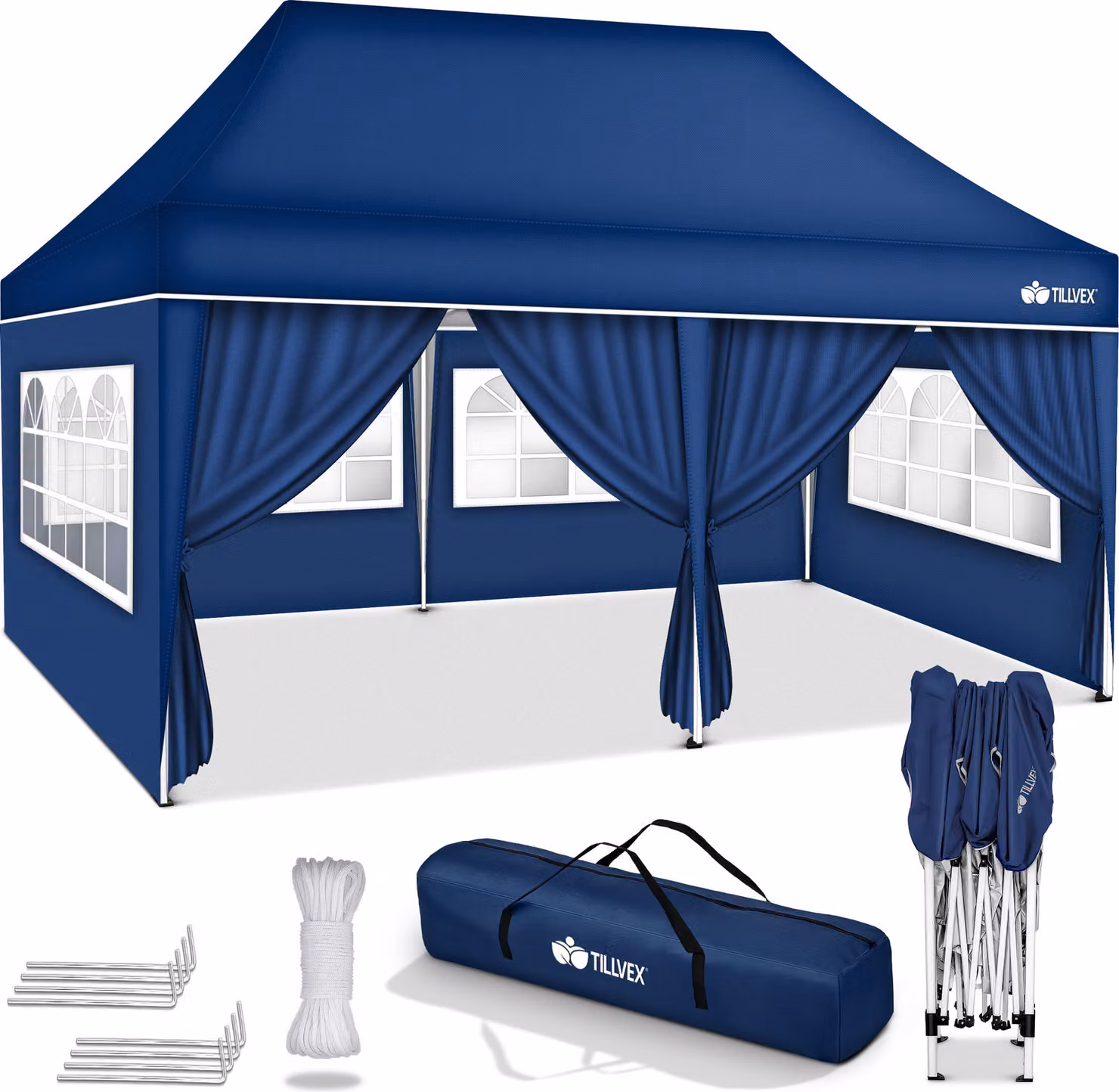 tillvex gazebo 3x6m - con 6 pareti laterali blu impermeabile | gazebo pop-up pieghevole regolabile in altezza | tenda da giardino protezione UV 50+ | tenda da festa con borsa per giardino