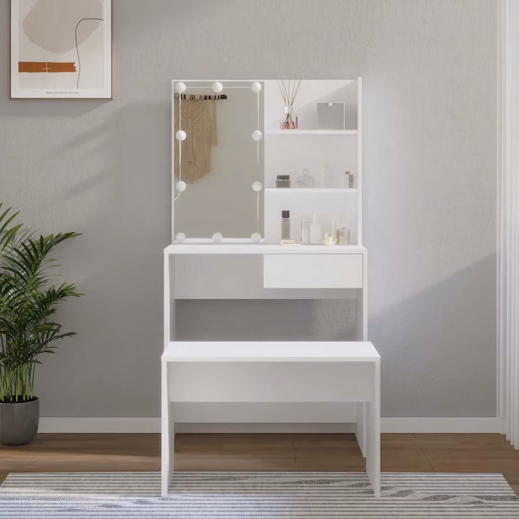 vidaXL Set Tavolo da Toeletta Bianco con LED in Legno Multistrato L: 141 cm, P: 40 cm, H: 74,5 cm – 1