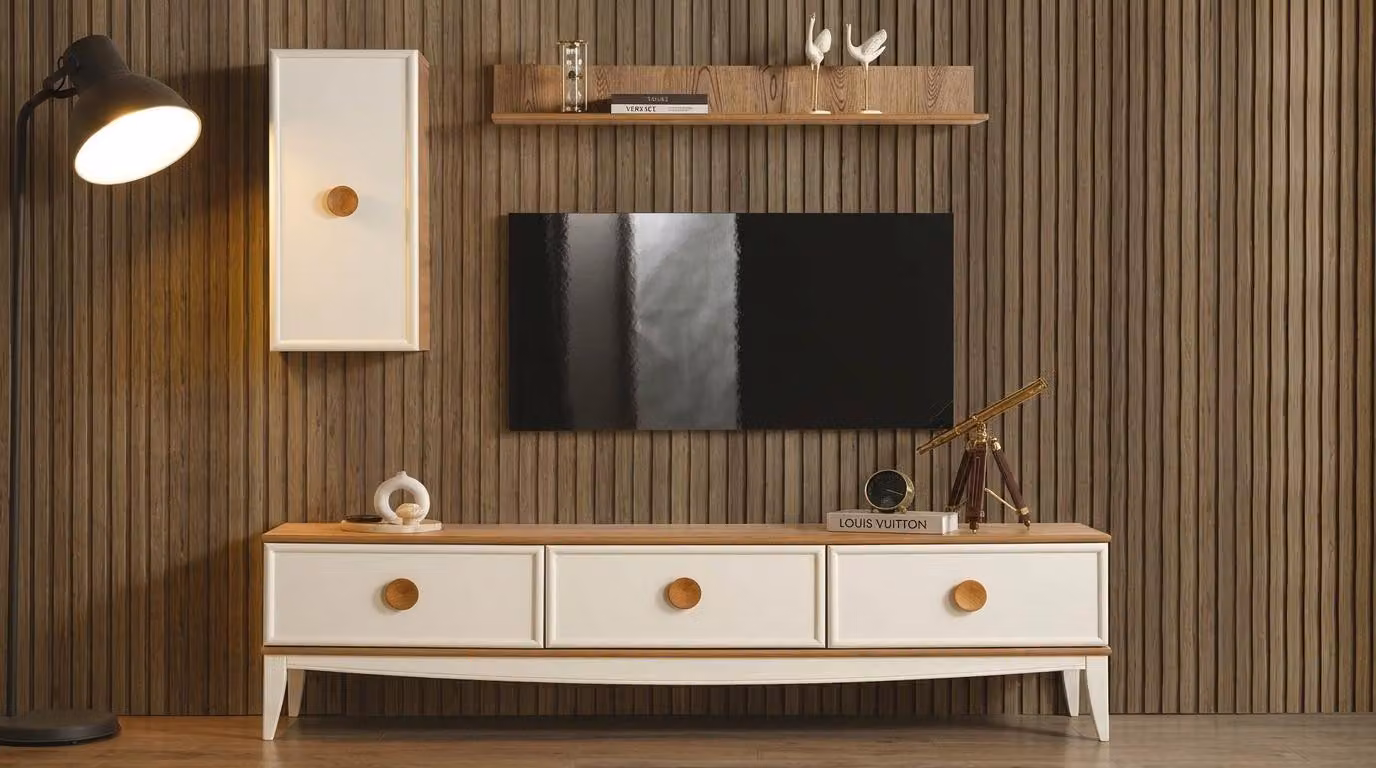 TV board Wandschrank Wandregal Stil modern beige praktisch geräumig