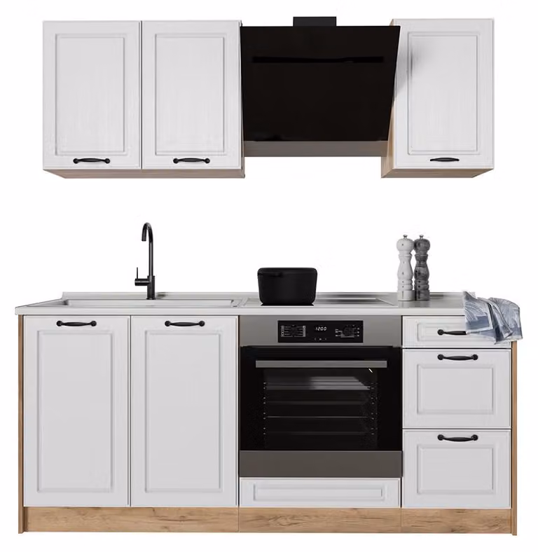Cucina monoblocco Vicco R-Line Bianco country/Rovere dorato 180 cm piano di lavoro Rovere dorato, Model 67807